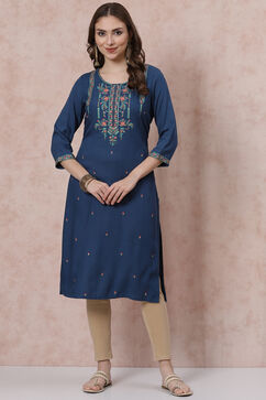 Teal Blue LIVA Straight Kurta image number 2